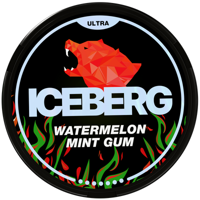 Iceberg Ultra Watermelon Mint Gum 70mg Nicotine Pouches can with red wolf logo and flame design.