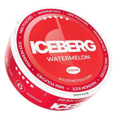 Side view of ICEBERG Watermelon Mini Nicotine Pouches can, 30mg strong tobacco-free snus alternative.