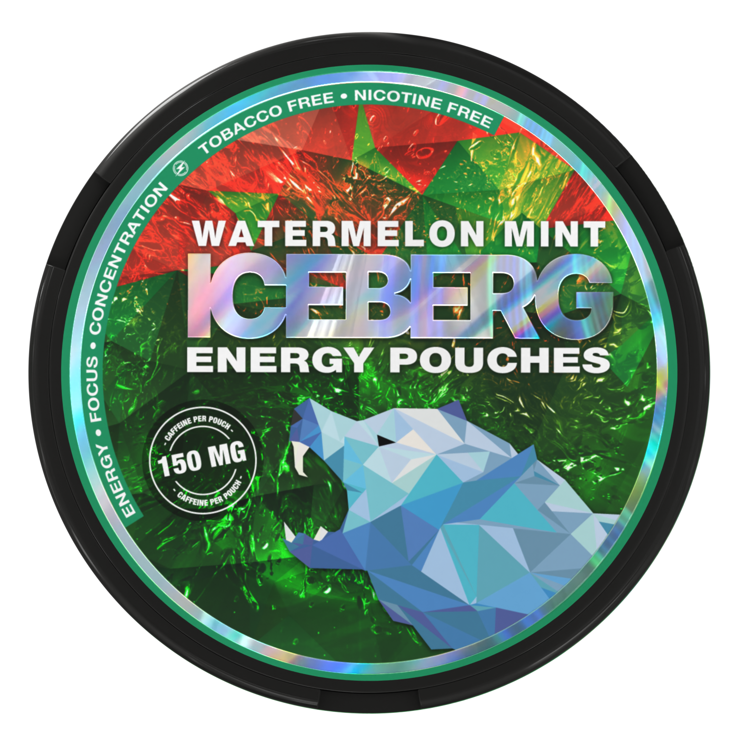 Iceberg Energy Watermelon Mint 150mg Caffeine Pouches. Tobacco-free and nicotine-free energy can.