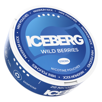 Iceberg Mini Wild Berries 30mg nicotine pouches can, side view showing blue label and tobacco-free mini format.