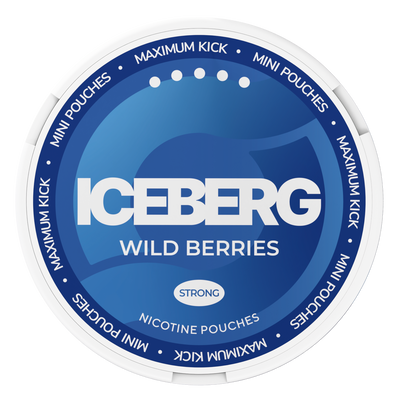 Top view of Iceberg Wild Berries Strong Mini Nicotine Pouches can with blue label and maximum kick design.