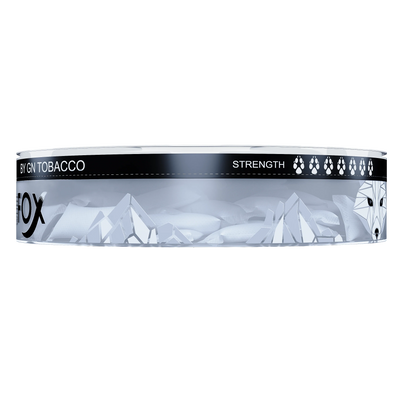 Side view of White Fox Black nicotine pouches in a transparent tin with mountain graphics and paw print strength meter.