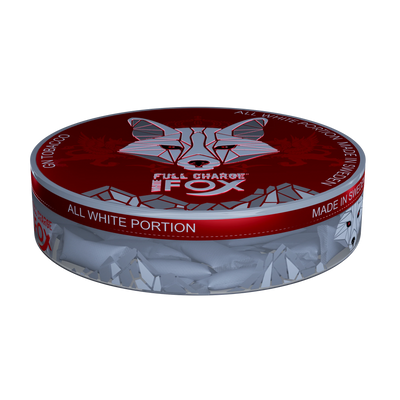 White Fox Full Charge tobacco-free nicotine pouches in a red and silver can featuring a geometric fox logo.