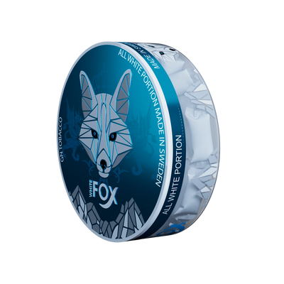 White Fox Slim All White Nicotine Pouches can with 12mg mint portions visible through a clear side panel.