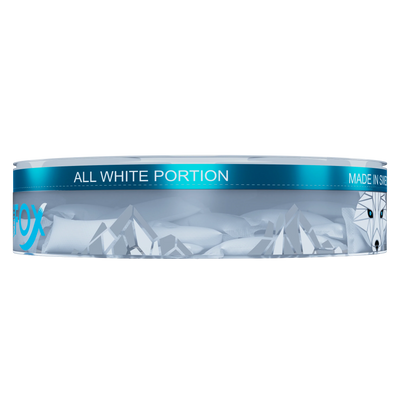 White Fox Slim All White Nicotine Pouches in a transparent 12mg tin, showcasing tobacco-free mint portions.