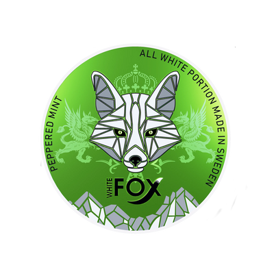 White Fox Peppered Mint nicotine pouch lid with green fox head logo, griffins, and crown on a green background.