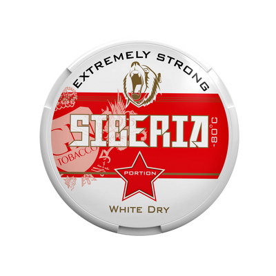Siberia Red White Dry Portion nicotine pouches in a round white can with Extremely Strong branding and red star icon.