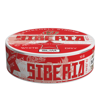 Siberia Slim Red White Dry Portion nicotine pouches in a 13g red and white can, extremely strong menthol tobacco flavor.
