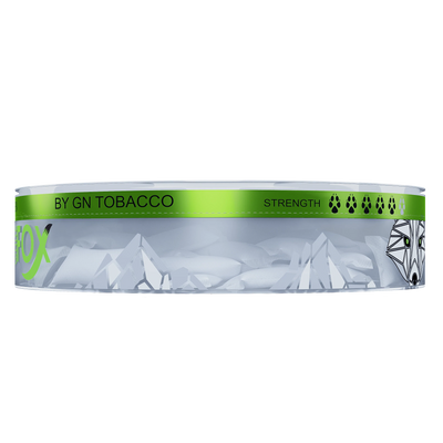 White Fox Peppered Mint nicotine pouches in a transparent can with green accents, featuring the GN Tobacco logo.