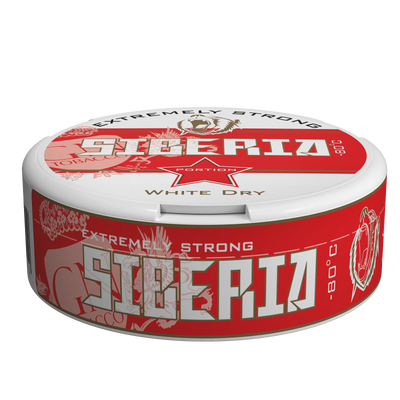 Siberia Red White Dry Portion Extremely Strong Nicotine Pouches with a red and white branded can design.