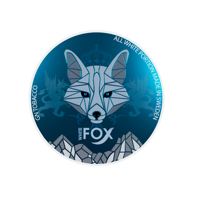 White Fox Slim All White Nicotine Pouches lid featuring a geometric fox logo and mountain design on a blue background.