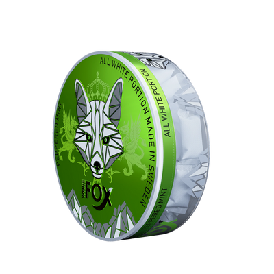 White Fox Peppered Mint slim nicotine pouches in a green tin with transparent sides showing white tobacco-free portions.