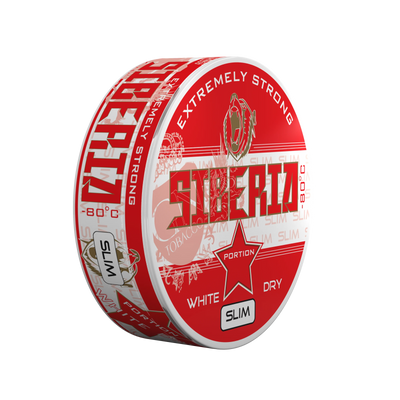 Siberia Slim Red White Dry Extremely Strong nicotine pouches in a red and white round can with a bear logo.