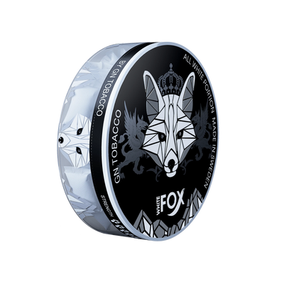 White Fox Black nicotine pouch tin with geometric fox logo, mint flavor profile, and All White Portion branding.