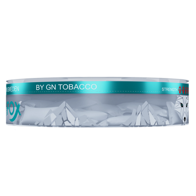 White Fox Double Mint Slim Nicotine Pouches in a transparent can, 12mg tobacco-free pouches visible through the side.