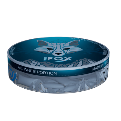 White Fox All White Slim nicotine pouches in a blue can with a fox logo, 12mg mint flavour tobacco-free portions.
