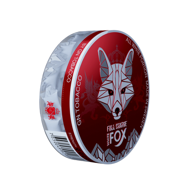 White Fox Full Charge strong mint nicotine pouches in a red and silver can, tobacco-free and made in Sweden.