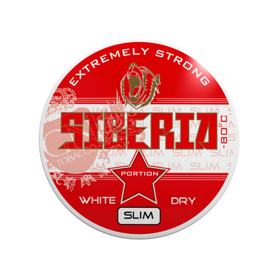 Siberia Slim Red White Dry Portion nicotine pouches can with extremely strong icy mint flavour.