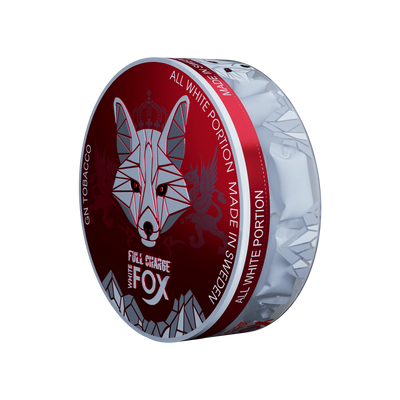 White Fox Full Charge tobacco-free nicotine pouches in a red and silver can with 16.5mg strong mint flavor.