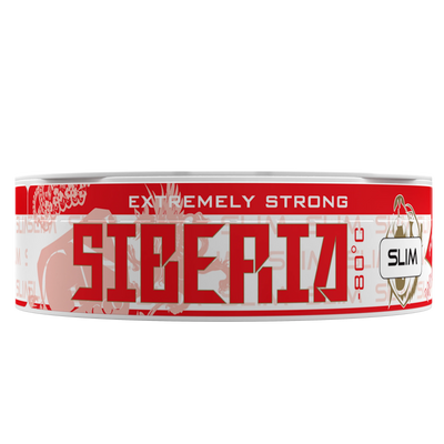 Siberia Slim Red White Dry Extremely Strong nicotine pouches can, side view render on black background.