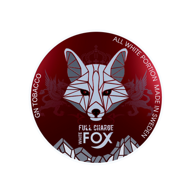 White Fox Full Charge tobacco-free nicotine pouches lid with fox graphic, 16.5mg strong mint, made in Sweden.