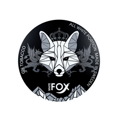 White Fox Black Nicotine Pouches lid with geometric fox, crown, and griffins. Bold mint tobacco-free snus from Sweden.