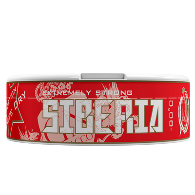 Siberia Red White Dry extremely strong nicotine pouches can on a black background.