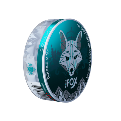 White Fox Double Mint Slim Nicotine Pouches can showing the fox logo and tobacco-free all-white portions.