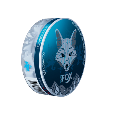 White Fox Slim All White nicotine pouches in a blue can with wolf logo, 12mg strength tobacco-free mint portions.