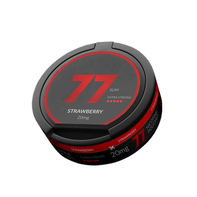 77 Strawberry Slim Nicotine Pouches, 20mg Extra Strong. Black and red tin of tobacco-free strawberry nicotine pouches.