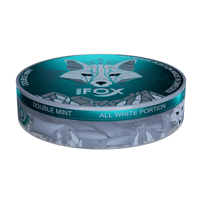 White Fox Double Mint slim nicotine pouches in a 12mg teal and silver can, showing tobacco-free all-white portions.