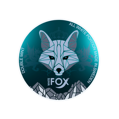 White Fox Double Mint Nicotine Pouches can lid with geometric fox logo on a teal and black background.