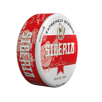 Siberia Red White Dry Portion extremely strong nicotine pouches can with red and white branding.