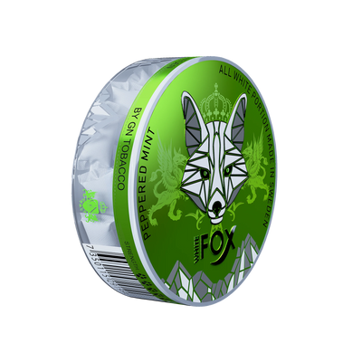 White Fox Peppered Mint nicotine pouches in a green and silver tin, featuring a white fox head logo and slim white portions.