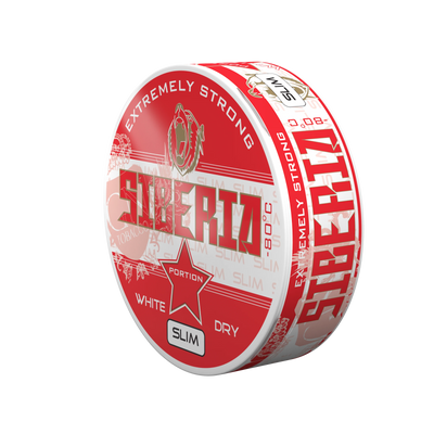 Siberia Slim Red White Dry Portion Nicotine Pouches can with Extremely Strong branding on a black background.
