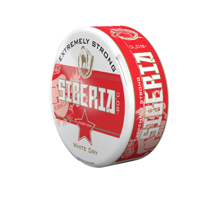 Siberia Red White Dry extremely strong nicotine pouches can with red and white branding against a black background.