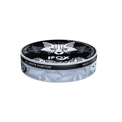 White Fox Black All White Nicotine Pouches tin with bold fox logo, showing white pouches through transparent sides.