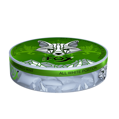 White Fox Peppered Mint All White Nicotine Pouches in a green tin, showing slim white pouches through a clear container.