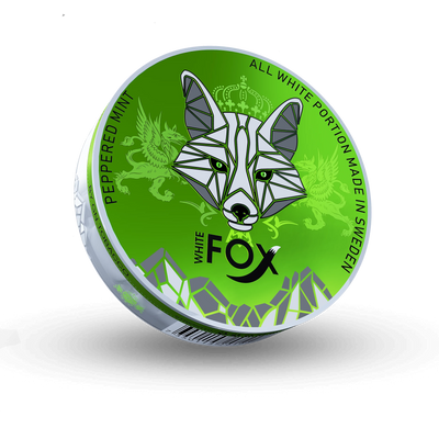 White Fox Peppered Mint Slim Nicotine Pouches can with green lid and geometric fox logo design.
